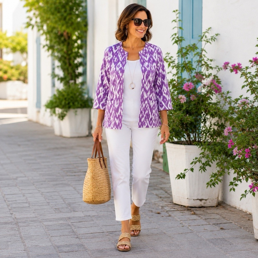 Chico's Purple Ikat Open Front Jacket Size 1 (US 8) Cotton Stretch